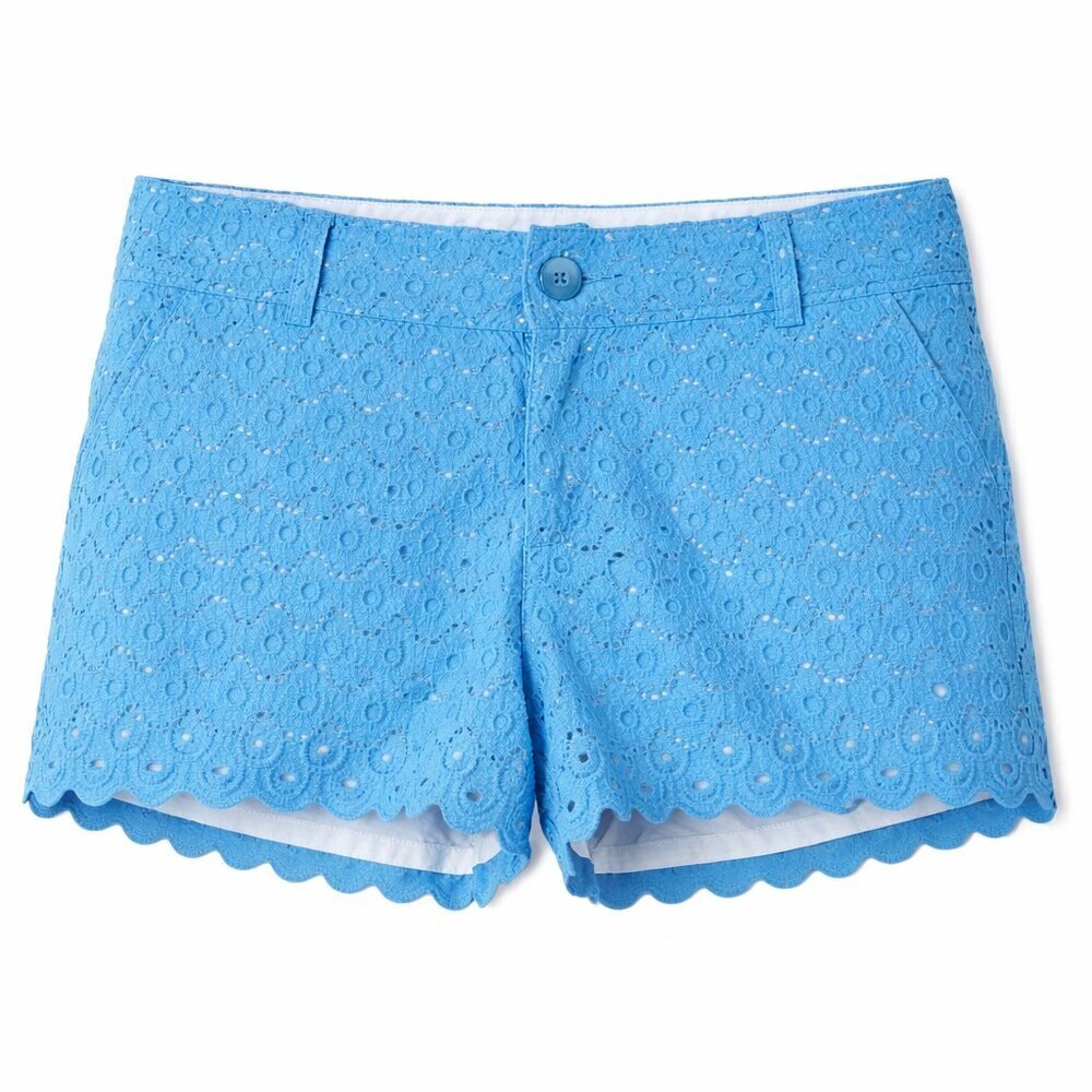 Lilly Pulitzer Walsh Eyelet Shorts Size 00 Blue Scalloped Hem Cotton Embroidered